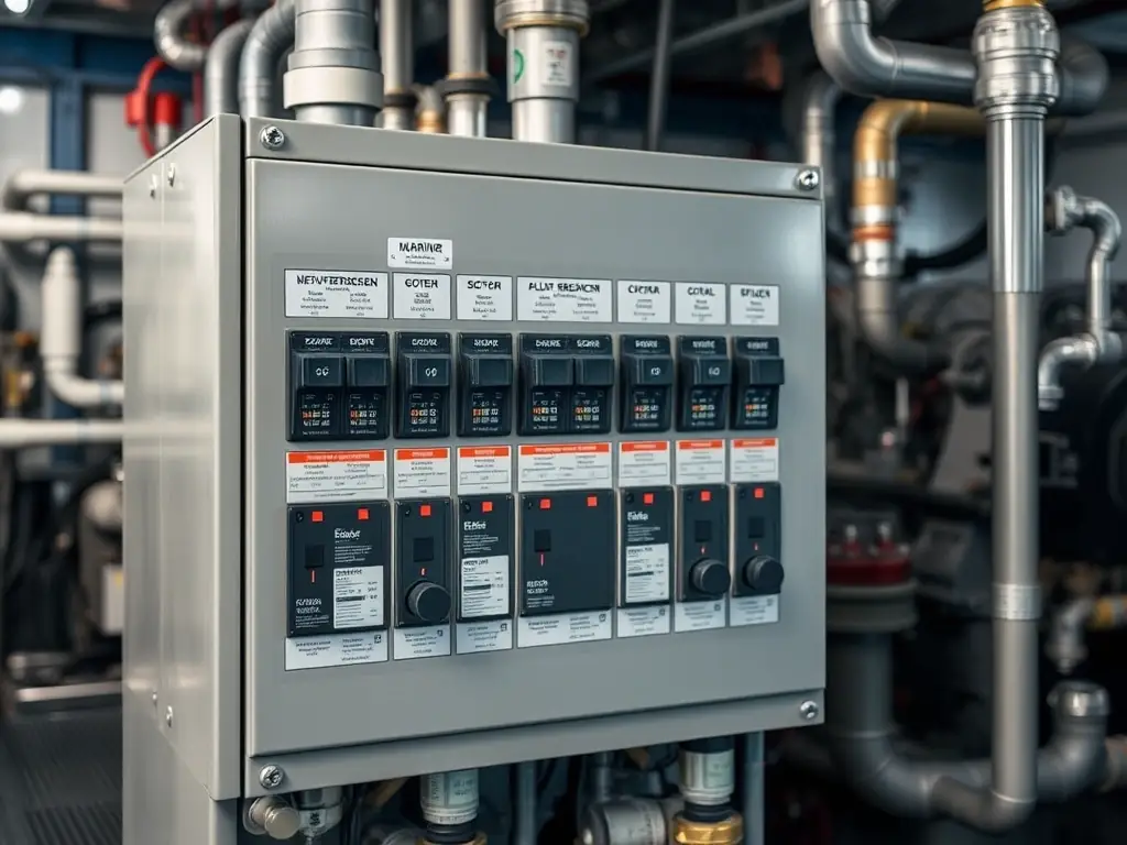 A high-quality image of a marine-grade circuit breaker panel, showcasing its robust construction and clear labeling, set against a backdrop of a ship's engine room.