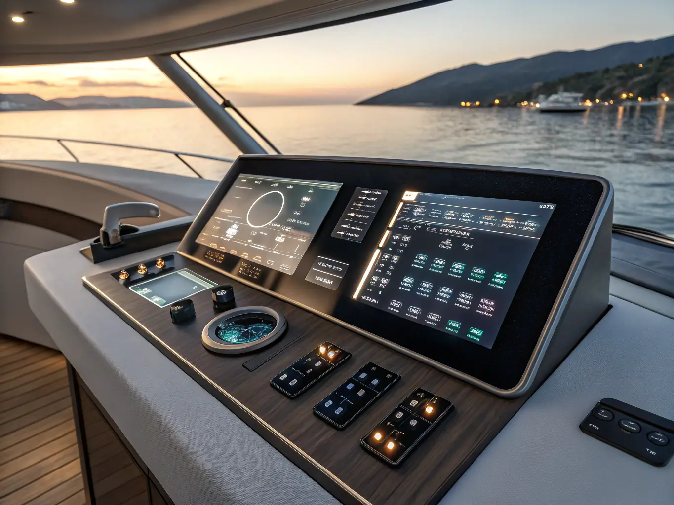 An image depicting an automated control panel used in marine applications, showing various gauges and digital displays.