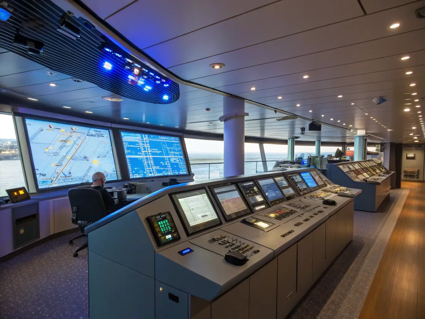 A modern marine vessel's electrical control room, showcasing advanced automation and control panels, highlighting the complexity and precision of marine electrical systems.