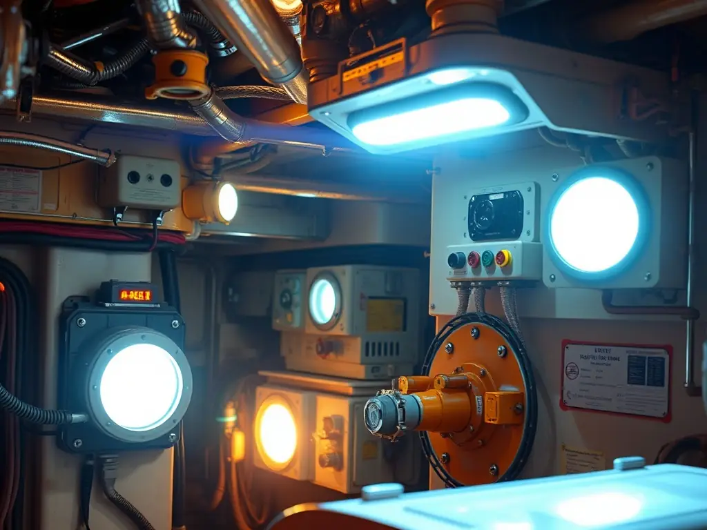 An image showcasing a modern marine electrical system installed on a ship, highlighting the complex wiring and control panels.