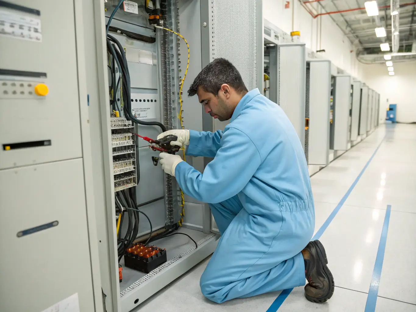 A technician performing maintenance on a ship's electrical system, using diagnostic tools to ensure optimal performance.